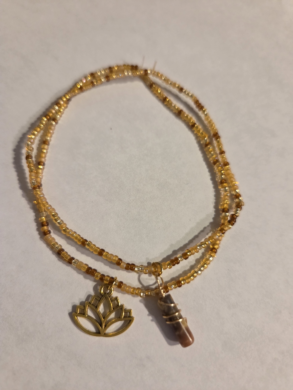 Gold Beaded Lotus Pendant Wrap Bracelet with Stone Charm